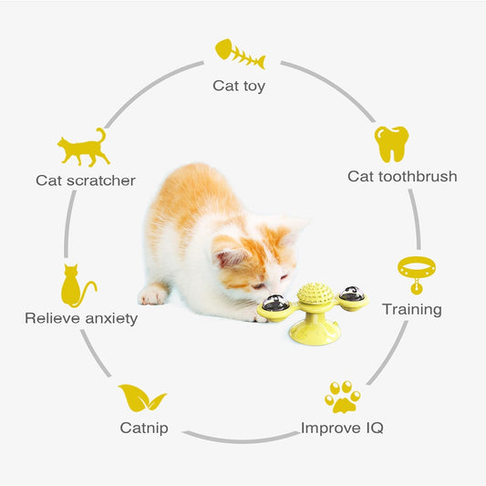 Cat Rotating Windmill Toy with Suction Base β Interactive Catnip Scratcher, Teeth Cleaning & IQ Training Toy