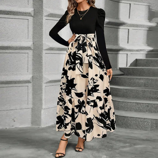 Patchwork Print & Pleated Maxi Dress