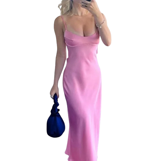 Juno J pink satin slip maxi dress with cowl neckline, spaghetti straps, and back cutout detail.