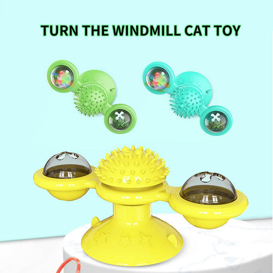 Cat Rotating Windmill Toy with Suction Base – Interactive Catnip Scratcher, Teeth Cleaning & IQ Training Toy