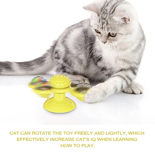 Cat Rotating Windmill Toy with Suction Base – Interactive Catnip Scratcher, Teeth Cleaning & IQ Training Toy