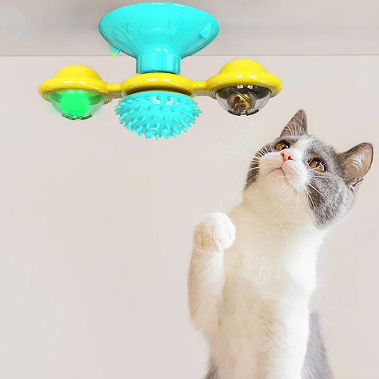 Cat Rotating Windmill Toy with Suction Base – Interactive Catnip Scratcher, Teeth Cleaning & IQ Training Toy