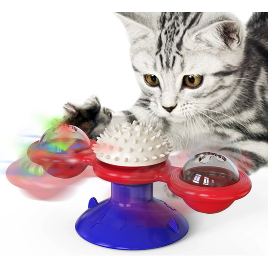 Cat Rotating Windmill Toy with Suction Base – Interactive Catnip Scratcher, Teeth Cleaning & IQ Training Toy