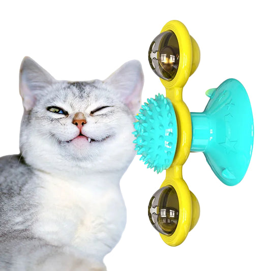 Cat Rotating Windmill Toy with Suction Base – Interactive Catnip Scratcher, Teeth Cleaning & IQ Training Toy