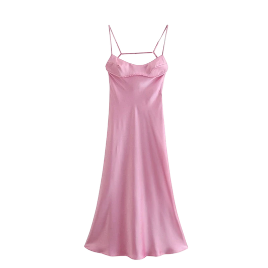 Juno Satin Slip Maxi Dress in pink with cowl neckline, spaghetti straps, and back cutout detail.