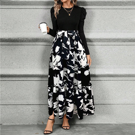 Patchwork Print & Pleated Maxi Dress